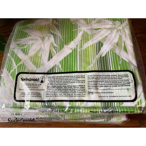 New Deadstock Vintage Springmaid Green Bamboo Stripe Twin Sheets and Pillowcases - Picture 6 of 6